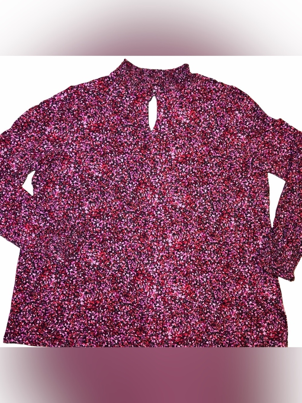 J Jill Women’s XL Blouse Pink Floral Print Smocked Mock Neck Long Sleeve Top